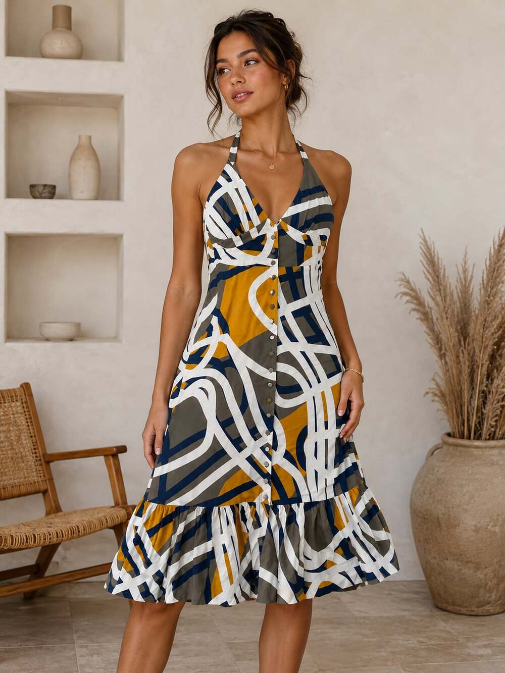 Maeve Anthropologie Abstract Print Halter Button Front Midi Dress Size 6